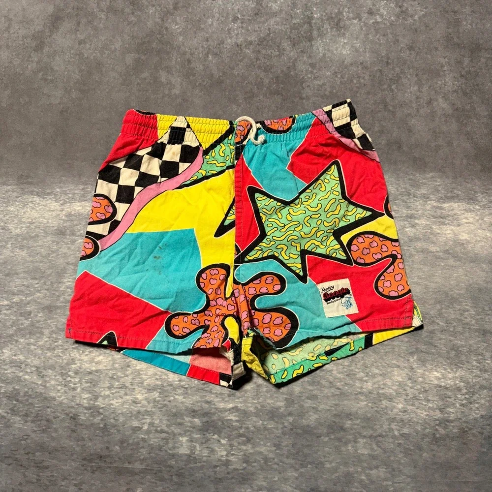 VTG Morey Boogie Kids S Swim Shorts 90s Abstract Neon Geometric Surf Trunks AOP